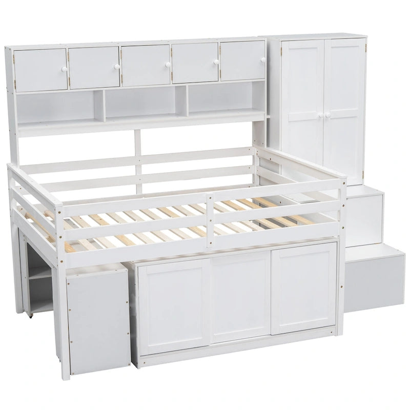 Cama alta de madera tamaño Full blanca con armario integrado y escritorio debajo de la cama