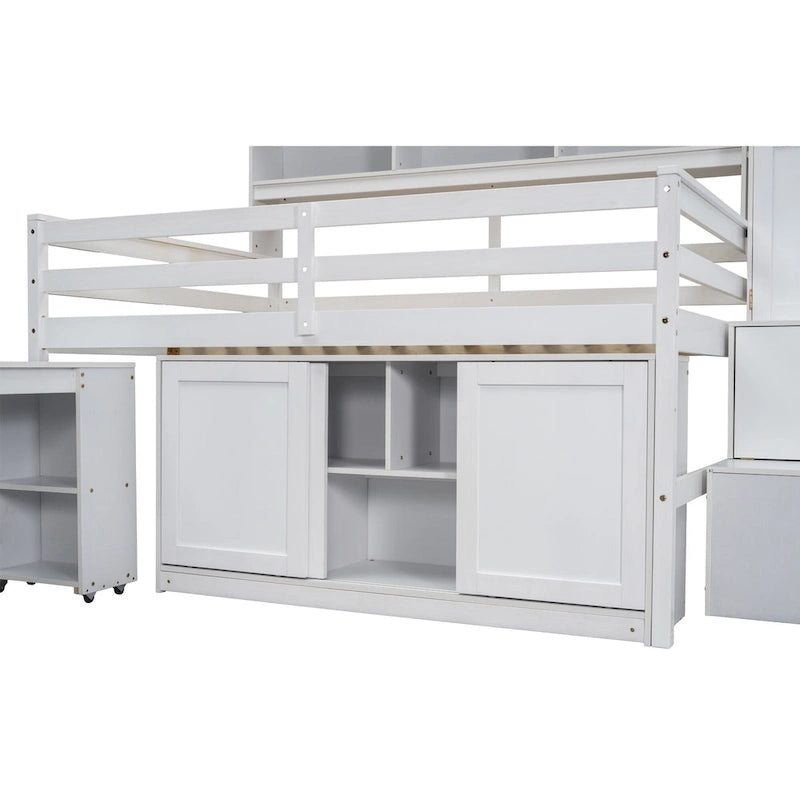 Cama alta de madera tamaño Full blanca con armario integrado y escritorio debajo de la cama