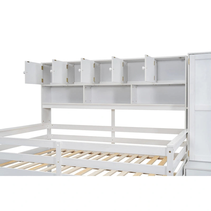 Cama alta de madera tamaño Full blanca con armario integrado y escritorio debajo de la cama