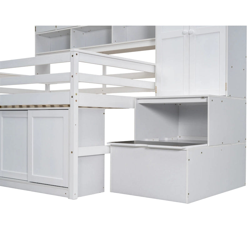 Cama alta de madera tamaño Full blanca con armario integrado y escritorio debajo de la cama