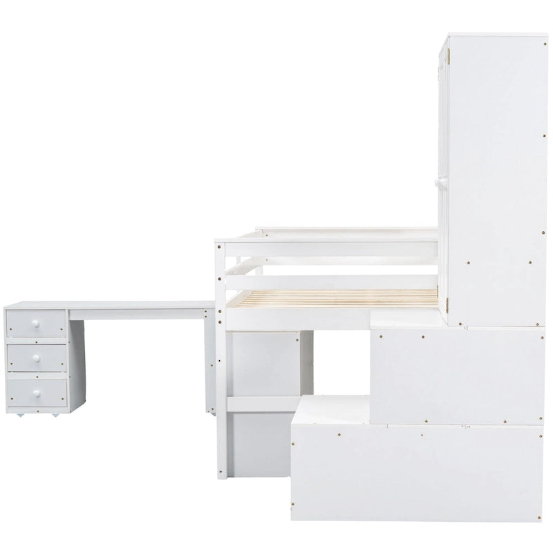 Cama alta de madera tamaño Full blanca con armario integrado y escritorio debajo de la cama