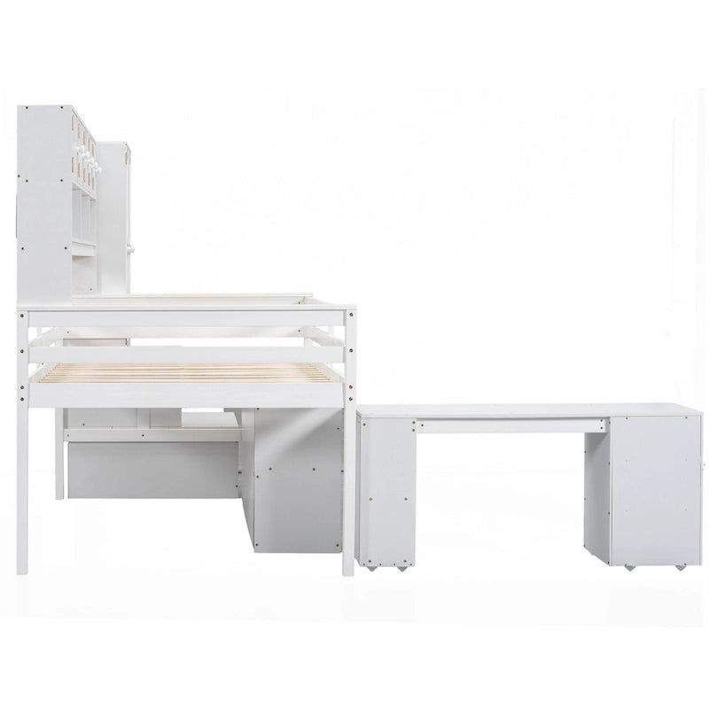 Cama alta de madera tamaño Full blanca con armario integrado y escritorio debajo de la cama