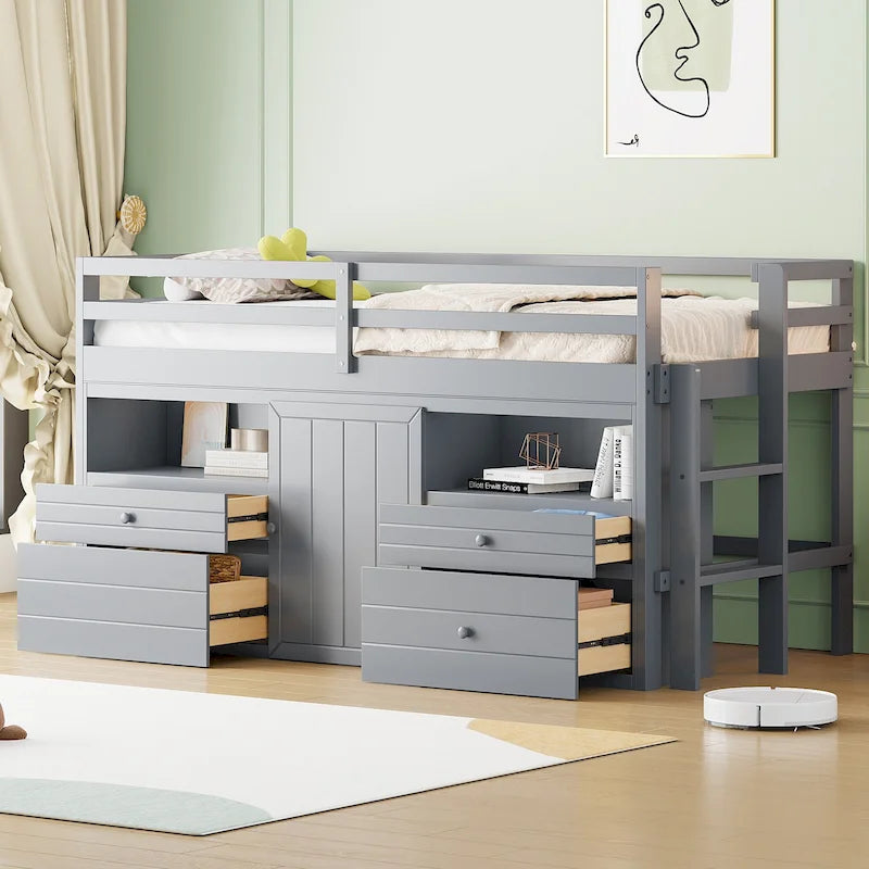 Cama alta de madera maciza tamaño Twin gris con cajones y armario