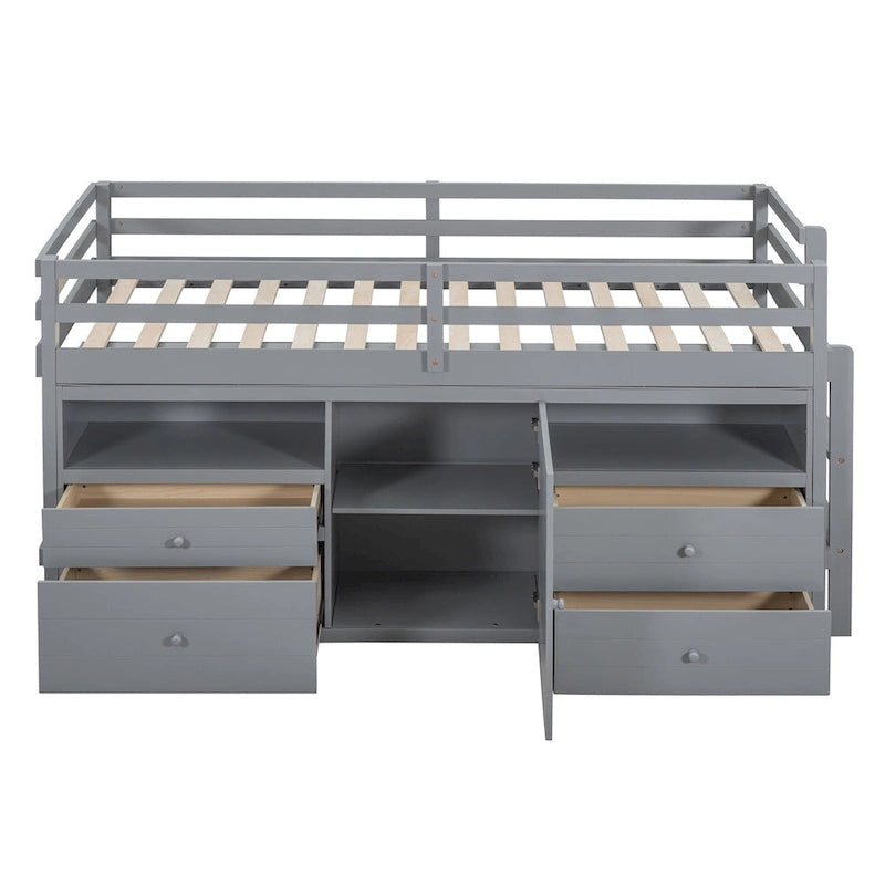 Cama alta de madera maciza tamaño Twin gris con cajones y armario