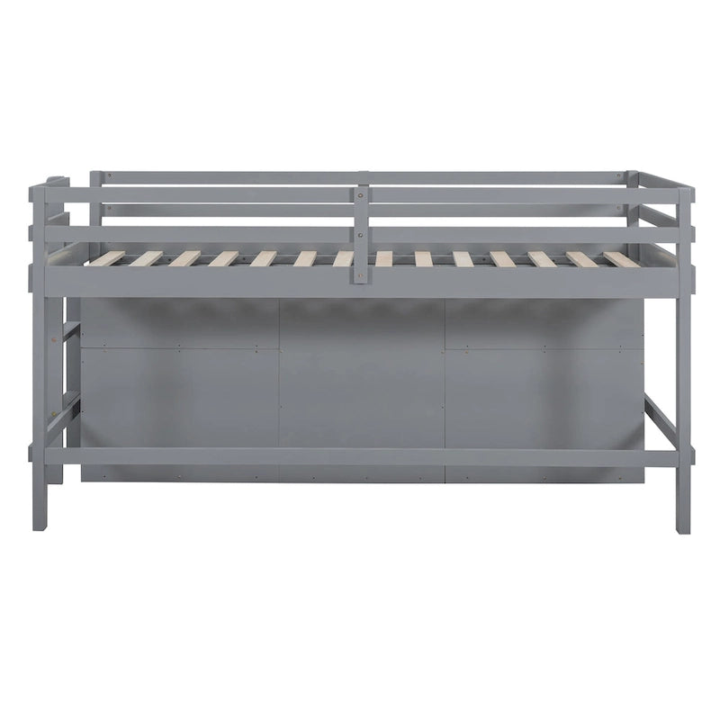 Cama alta de madera maciza tamaño Twin gris con cajones y armario