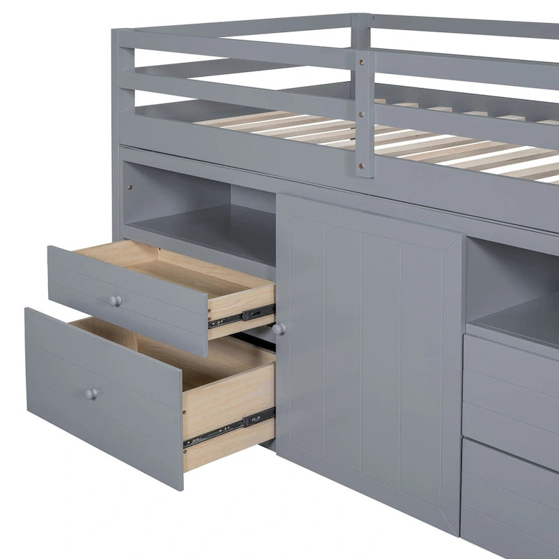 Cama alta de madera maciza tamaño Twin gris con cajones y armario