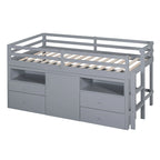 Gray Twin Solid Wood Loft Bed with Drawers & Cabinet