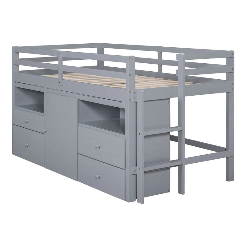 Gray Twin Solid Wood Loft Bed with Drawers & Cabinet