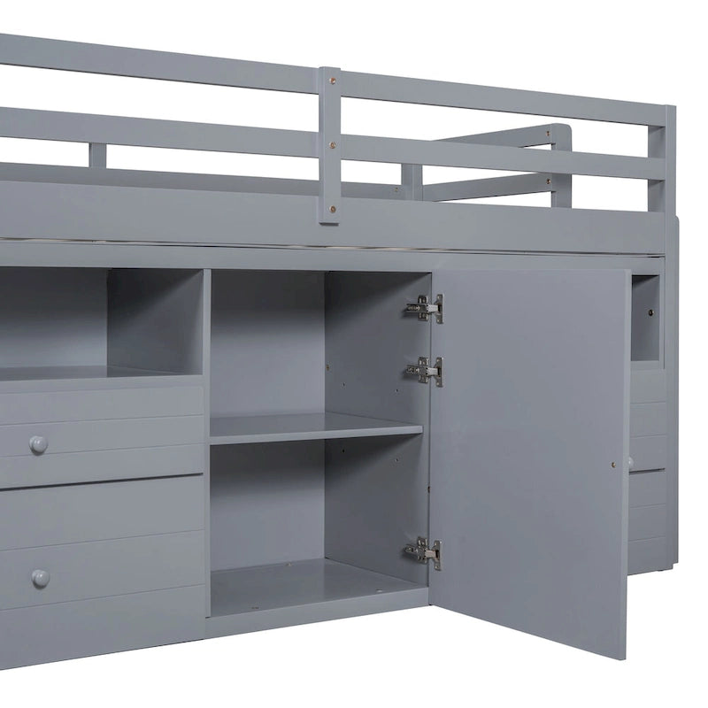 Gray Twin Solid Wood Loft Bed with Drawers & Cabinet