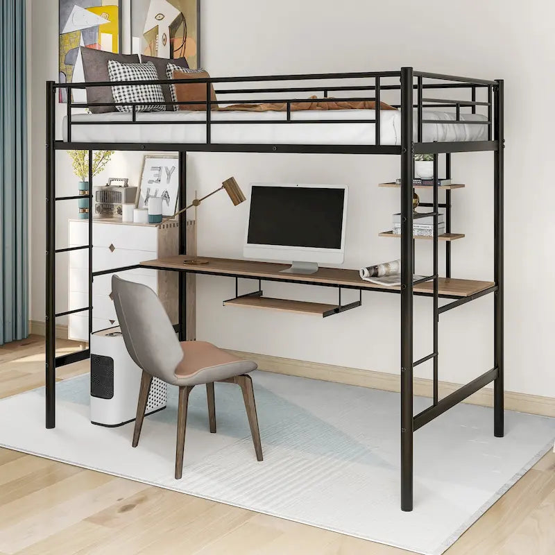Schwarzes Metall-Hochbett in Twin-Größe mit Schreibtisch und Regal, platzsparendes Design
