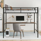 Black Twin Size Metal Loft Bed with Desk and Shelf, Space-Saving Design