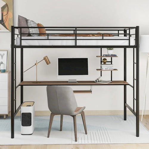 Black Twin Size Metal Loft Bed with Desk and Shelf, Space-Saving Design
