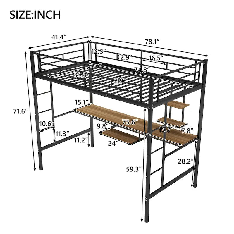 Cama alta negra metálica tamaño individual con escritorio y estante, diseño que ahorra espacio