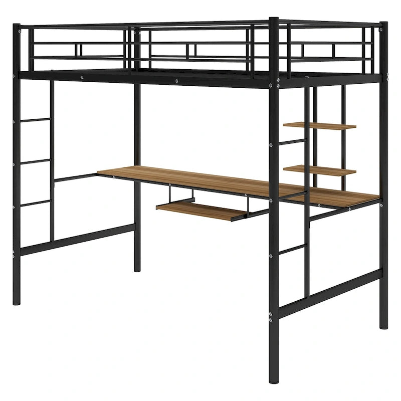 Schwarzes Metall-Hochbett in Twin-Größe mit Schreibtisch und Regal, platzsparendes Design