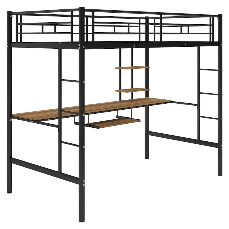Schwarzes Metall-Hochbett in Twin-Größe mit Schreibtisch und Regal, platzsparendes Design