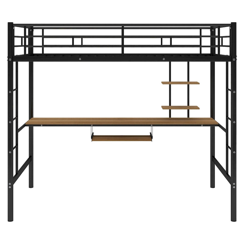 Schwarzes Metall-Hochbett in Twin-Größe mit Schreibtisch und Regal, platzsparendes Design