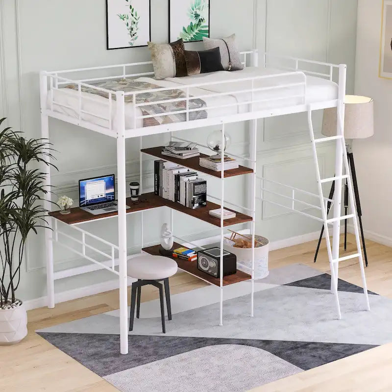 Cama alta individual de metal con escritorio y estantes, blanca
