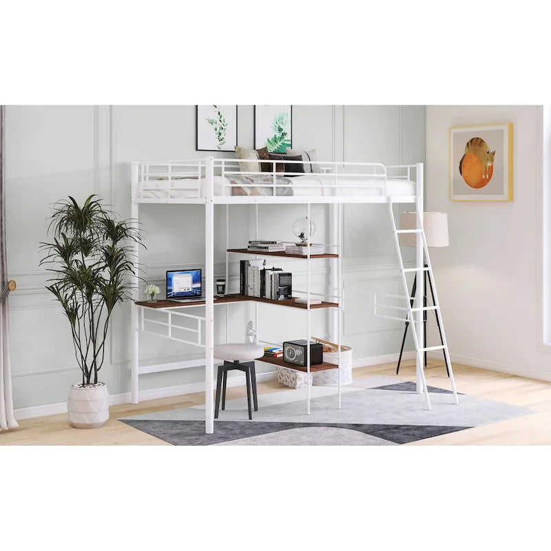 Cama alta individual de metal con escritorio y estantes, blanca