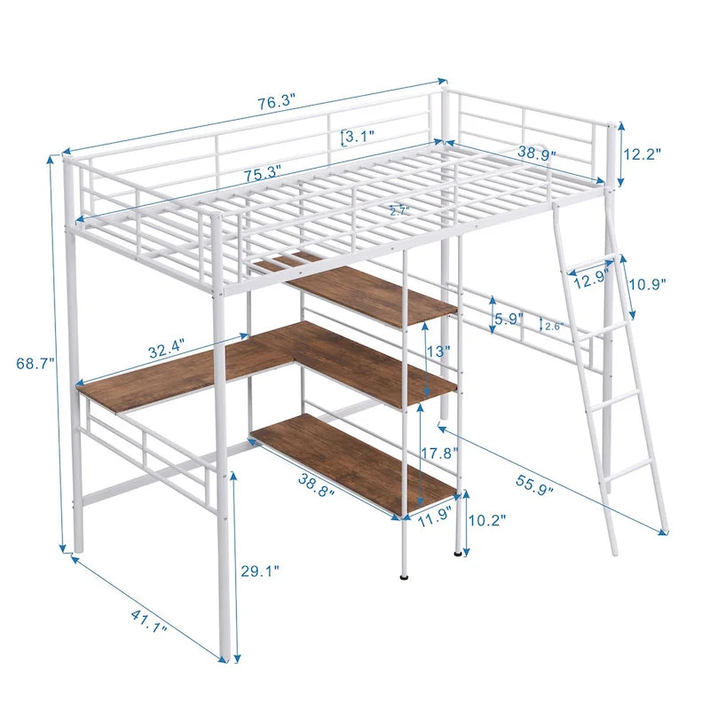 Cama alta individual de metal con escritorio y estantes, blanca