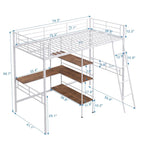 Cama alta individual de metal con escritorio y estantes, blanca