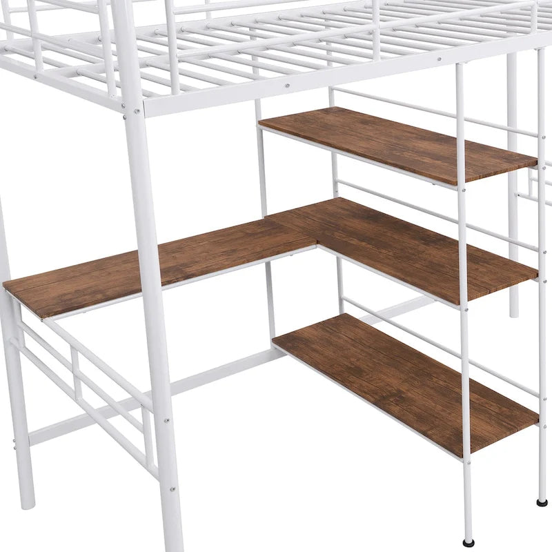 Cama alta individual de metal con escritorio y estantes, blanca