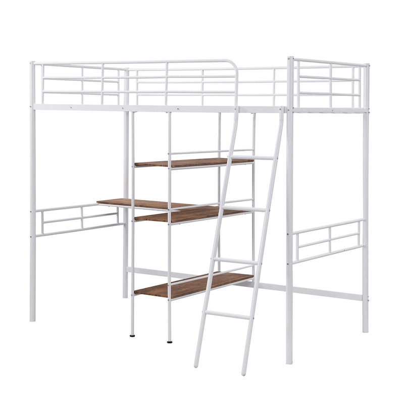 Cama alta individual de metal con escritorio y estantes, blanca