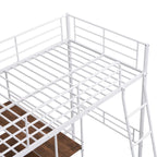 Cama alta individual de metal con escritorio y estantes, blanca
