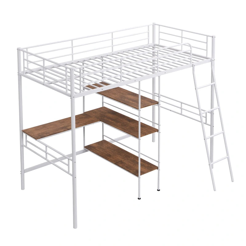 Cama alta individual de metal con escritorio y estantes, blanca