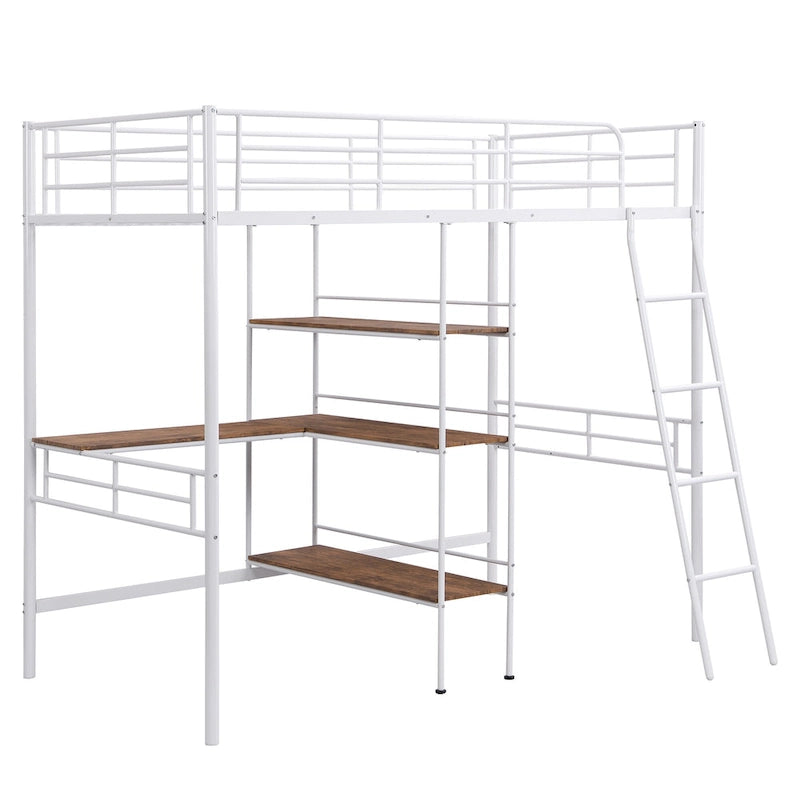 Cama alta individual de metal con escritorio y estantes, blanca