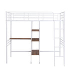 Cama alta individual de metal con escritorio y estantes, blanca