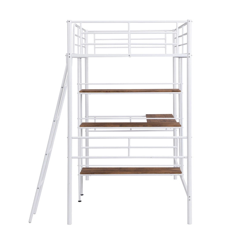 Cama alta individual de metal con escritorio y estantes, blanca