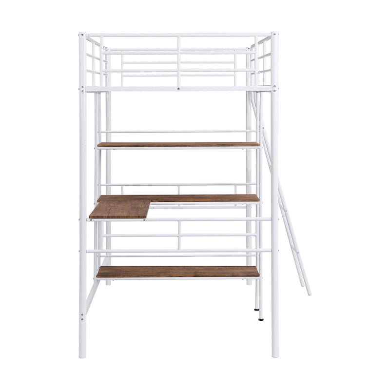 Cama alta individual de metal con escritorio y estantes, blanca