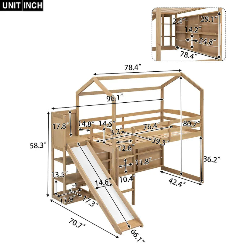 Cama alta individual em forma de casa com escorrega