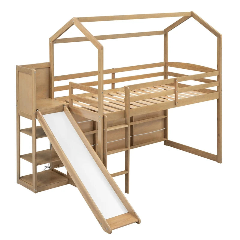 Cama alta tipo casita tamaño Twin con tobogán