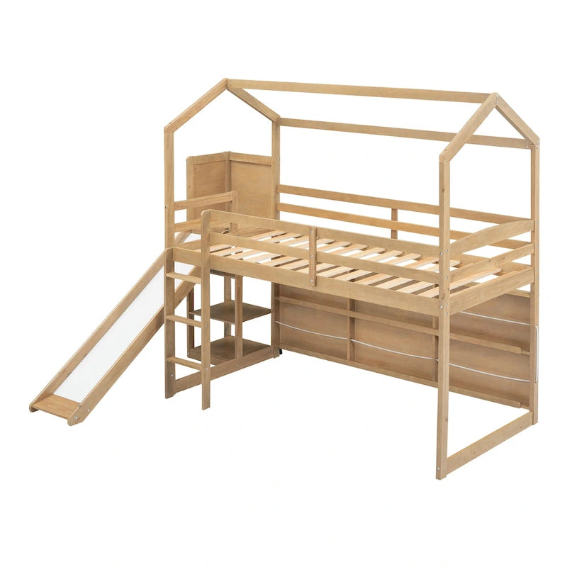 Cama alta individual em forma de casa com escorrega