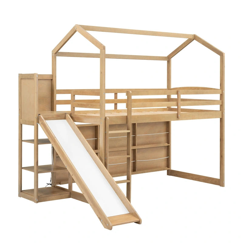 Cama alta individual em forma de casa com escorrega