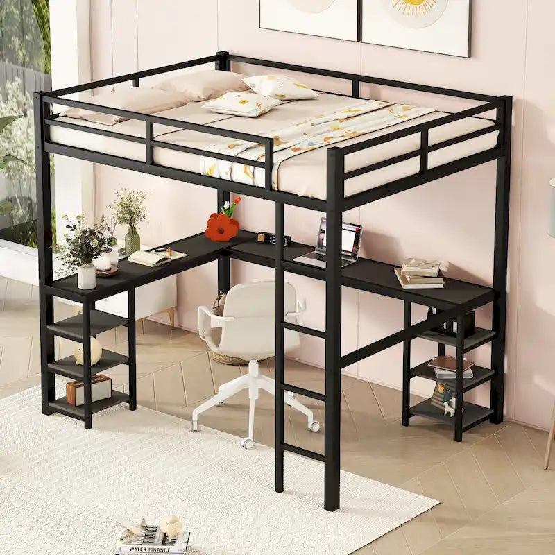Cama alta metálica tamaño Full con escritorio y estantes