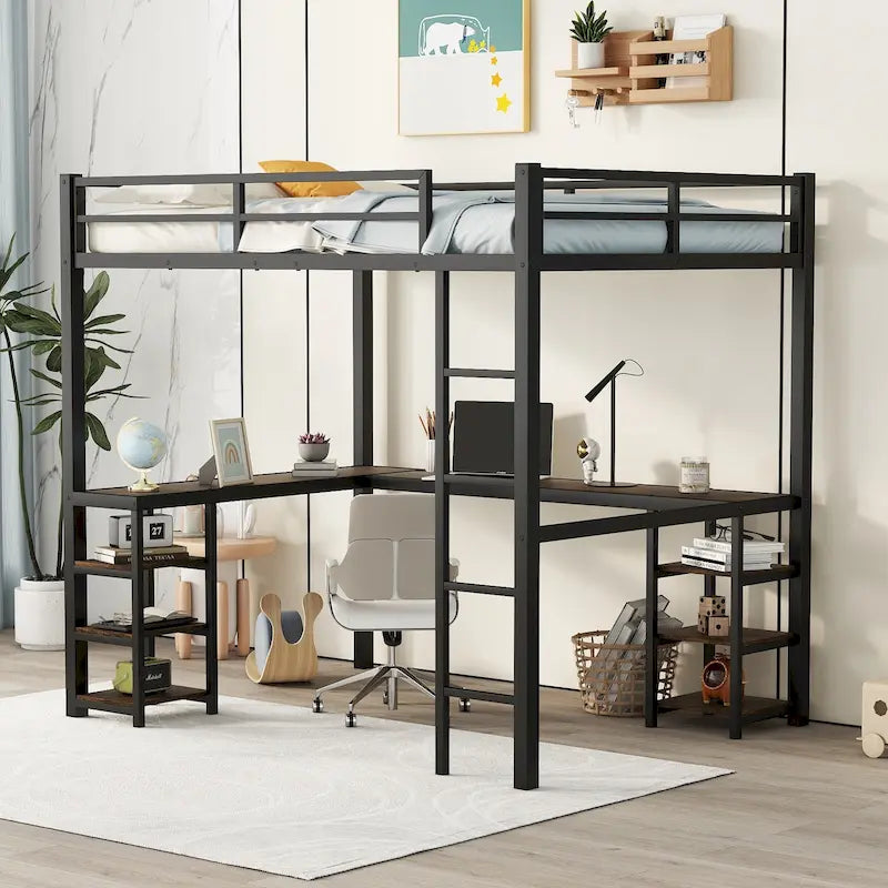 Cama alta metálica tamaño Full con escritorio y estantes