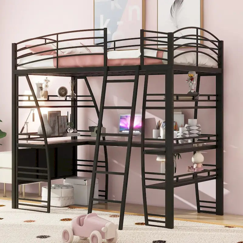 Cama alta de metal con escritorio en L, estantes, enchufes y puertos USB