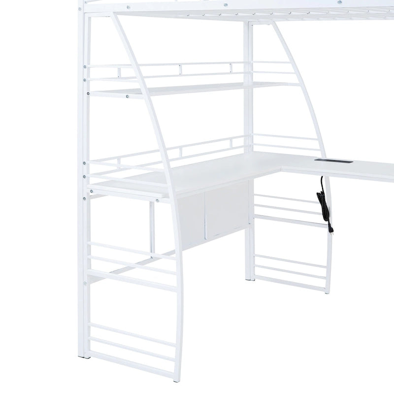 Cama alta de metal con escritorio en L, estantes, enchufes y puertos USB