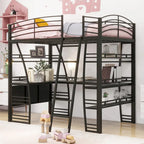 Cama alta de metal con escritorio en L, estantes, enchufes y puertos USB