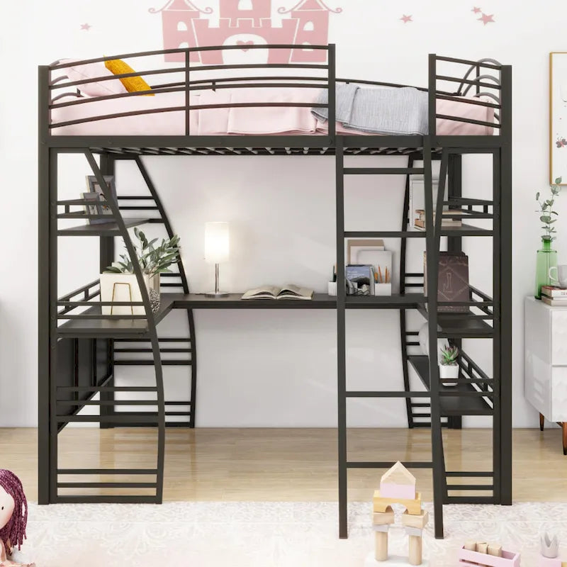 Cama alta de metal con escritorio en L, estantes, enchufes y puertos USB