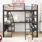 Cama alta de metal con escritorio en L, estantes, enchufes y puertos USB