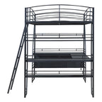 Cama alta de metal con escritorio en L, estantes, enchufes y puertos USB