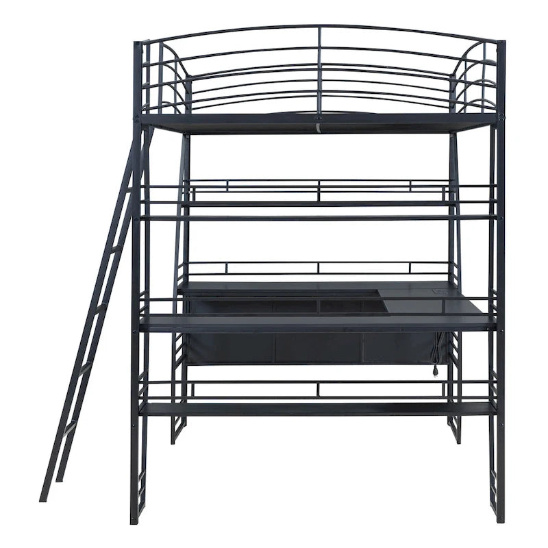 Cama alta de metal con escritorio en L, estantes, enchufes y puertos USB