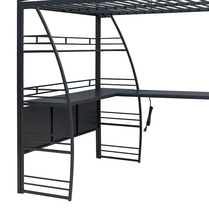 Cama alta de metal con escritorio en L, estantes, enchufes y puertos USB