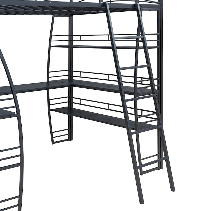 Cama alta de metal con escritorio en L, estantes, enchufes y puertos USB