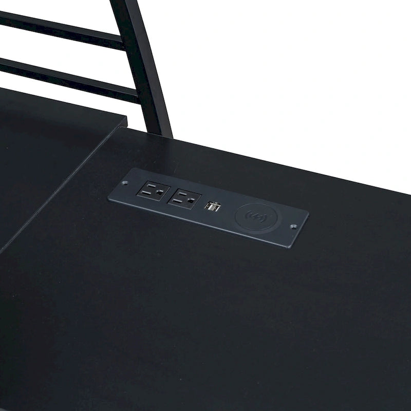 Cama alta de metal con escritorio en L, estantes, enchufes y puertos USB