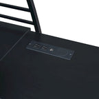 Cama alta de metal con escritorio en L, estantes, enchufes y puertos USB