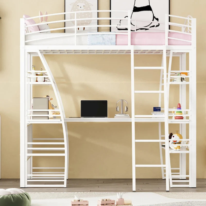 Cama alta de metal con escritorio en L, estantes, enchufes y puertos USB